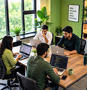 Team collaborating in modern web development office