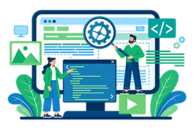 Team collaborating in modern web development office